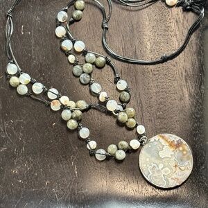 Beautiful Boho Faux Turquoise Agate Beaded Cord Layered Pendant Necklace